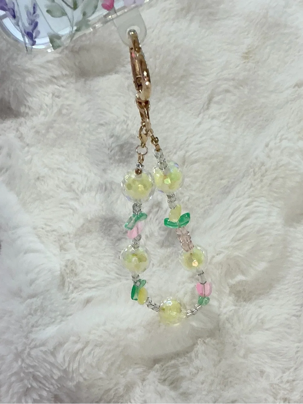 Handmade 🍋 Phone Charm Wristlet with Pastel Yellow & Flower Accents